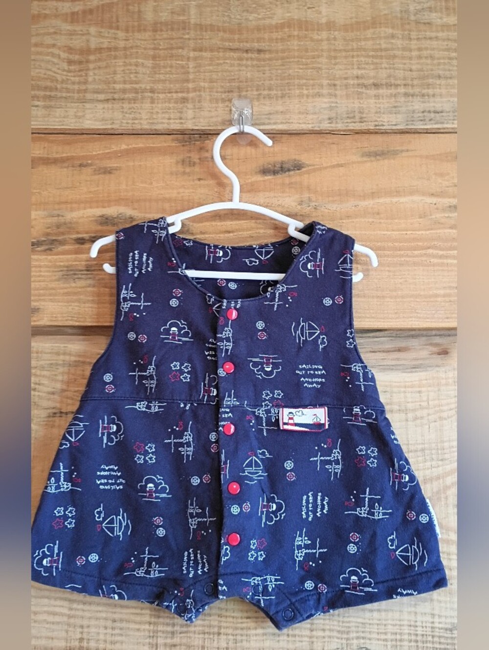 Vintage Healthtex Navy Sailor Boats Nautical Print Baby One-Piece Romper